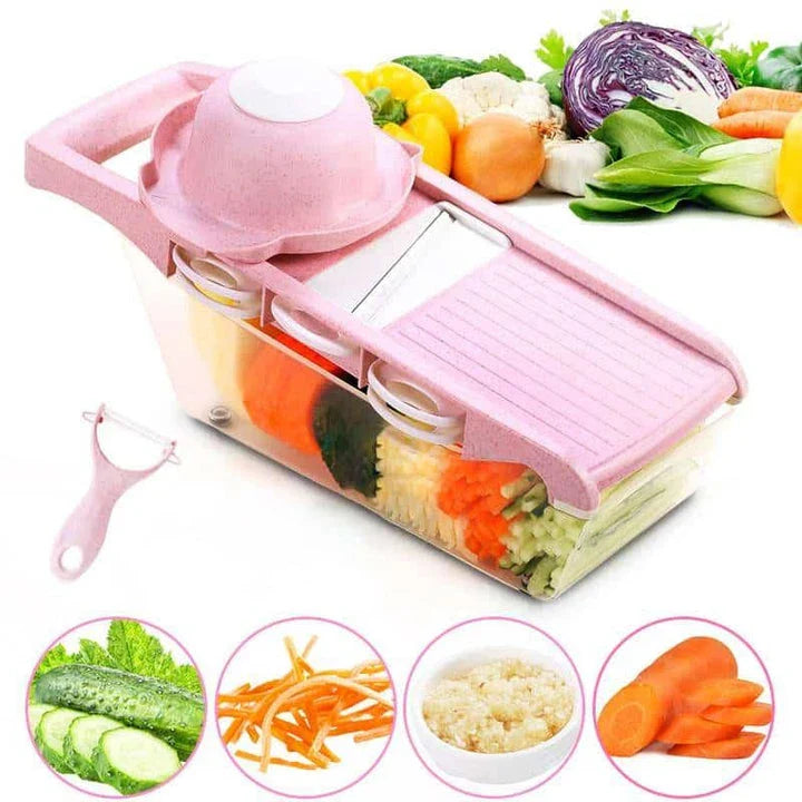 Stainless steel 6-in-1 vegetable cutter with interchangeable blades for slicing, shredding, and chopping a variety of fresh produce