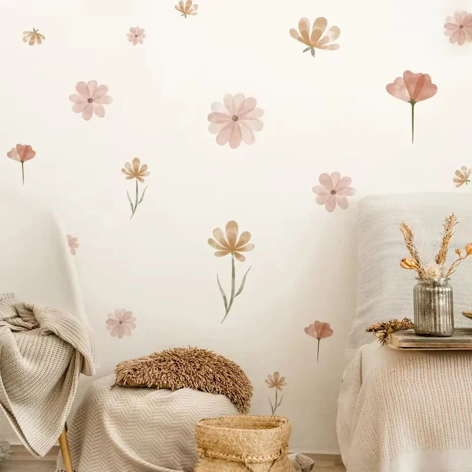 Elegant boho floral watercolour wall decals in a New Zealand home