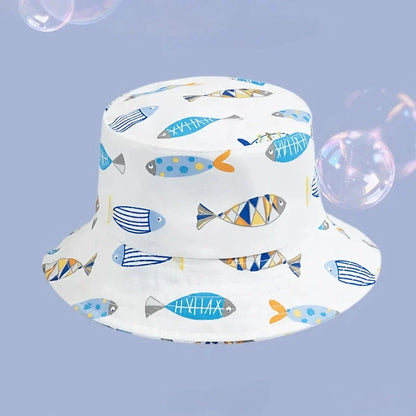 Adorable cartoon-printed cotton baby sun hat with adjustable drawstring for secure fit and wide brim for UV protection