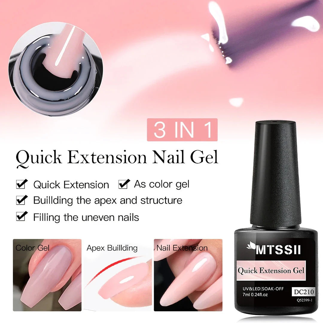 7ML Quick Extension Nail Gel in Glitter, Milky White, and Nude Pink shades for creating salon-quality nail extensions at home