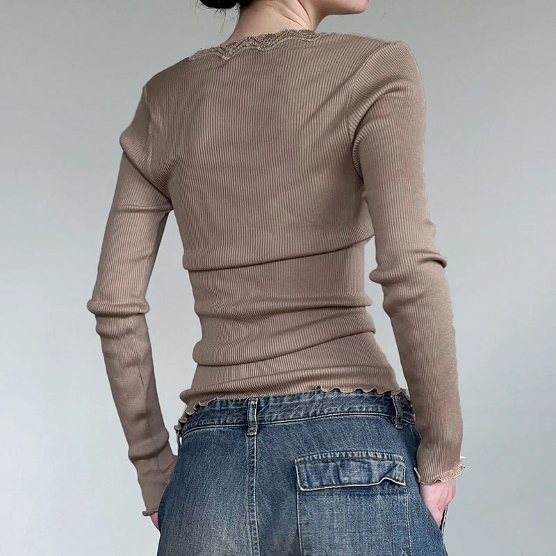Stylish khaki ribbed long sleeve t-shirt with lace detailing for a sophisticated and comfortable look