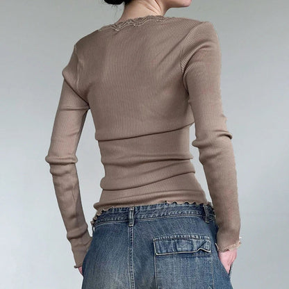 Stylish khaki ribbed long sleeve t-shirt with lace detailing for a sophisticated and comfortable look