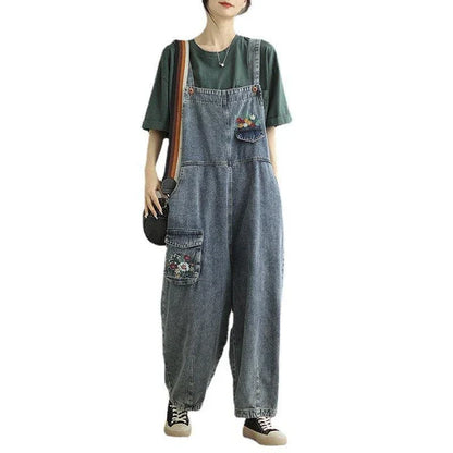 Trendy denim pants with embroidered straps for women, available in light blue color and various sizes from M to XXL