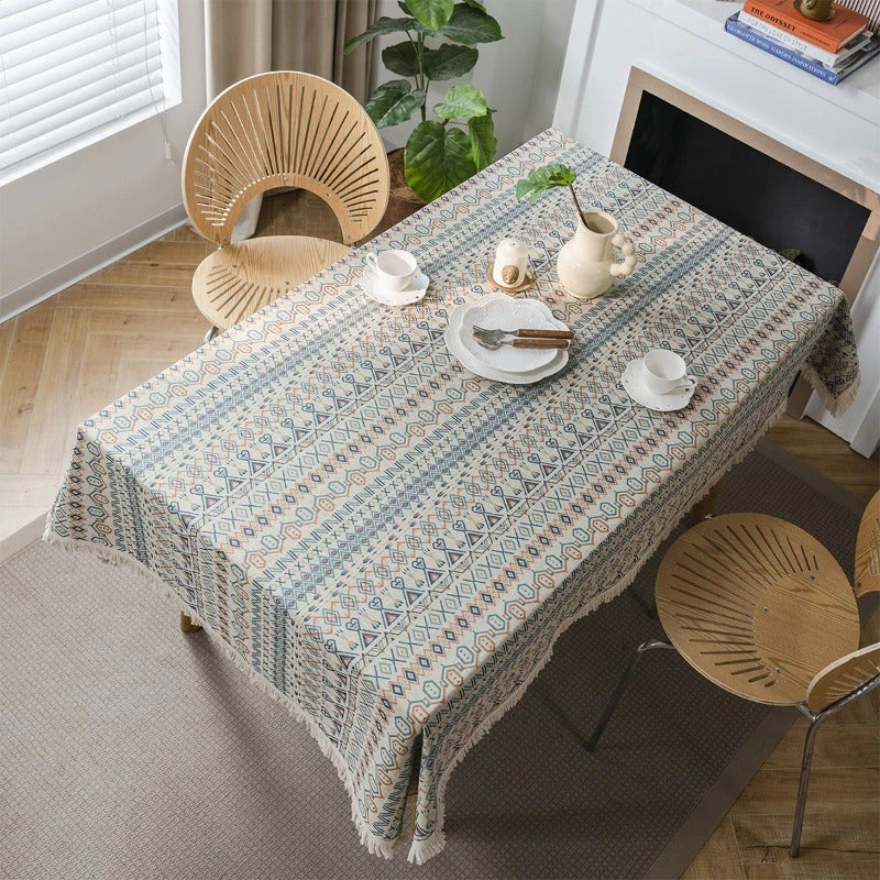 Stylish geometric jacquard tablecloth with a modern bohemian design, perfect for enhancing the look and feel of any Kiwi dining space.