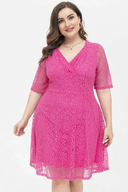 Stylish relaxed-fit v-neck lace dress in rose red color, featuring a flattering A-line silhouette and premium polyester fabric