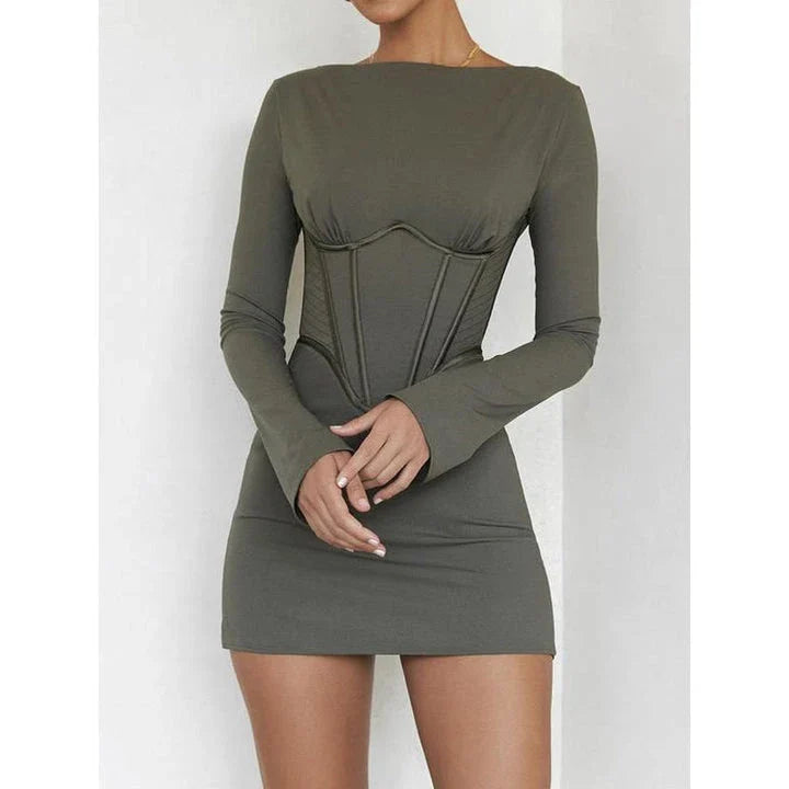 Stylish backless mini dress in green, featuring full sleeves and a flattering fit for the modern Kiwi woman