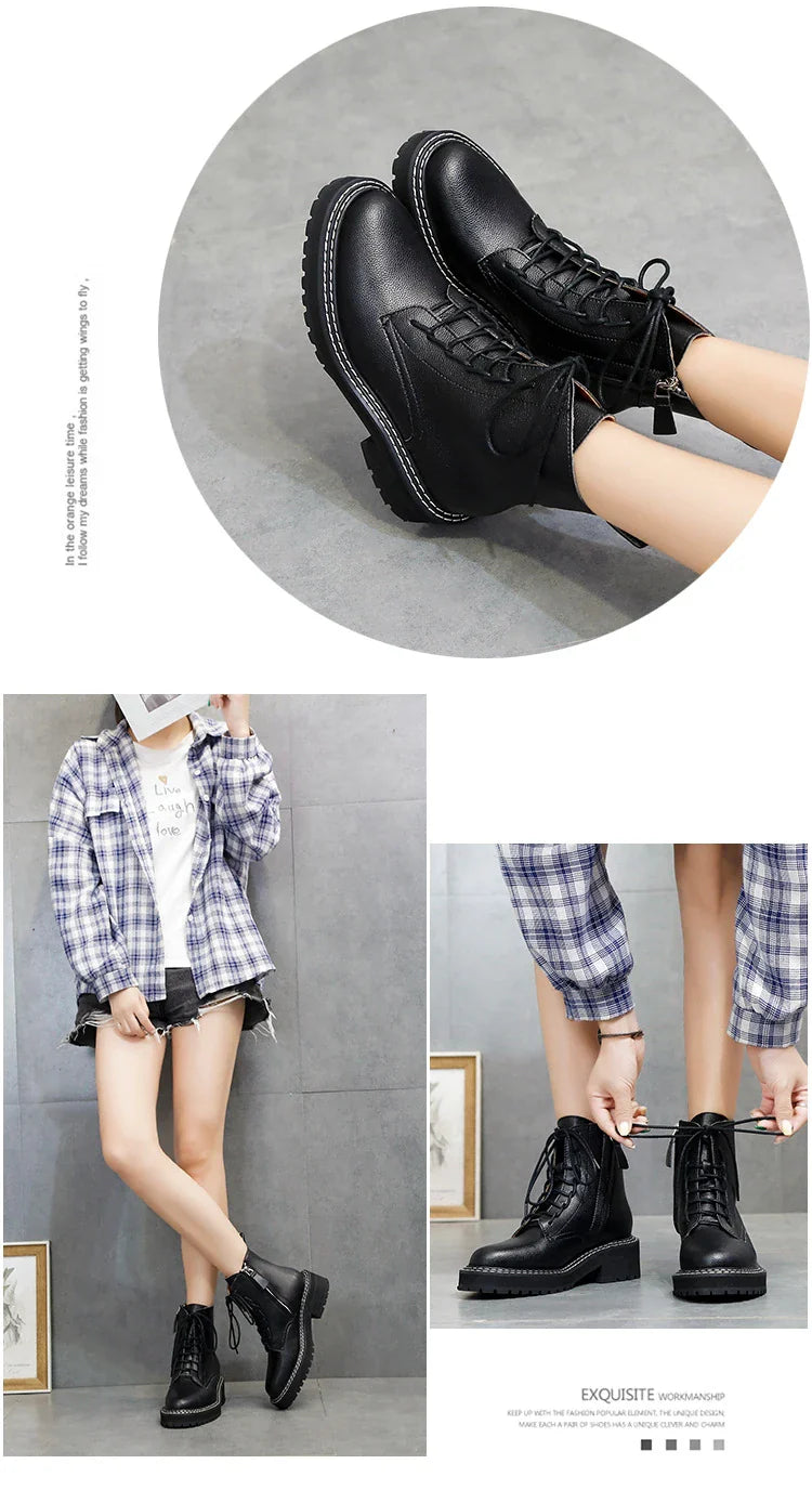 Stylish women's platform locomotive boots with leather upper and rubber sole, in black and cotton black colors