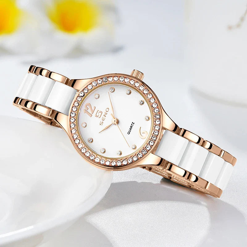 Ceramic Ladies Bracelet Watch in a silver and white color with a durable stainless steel buckle