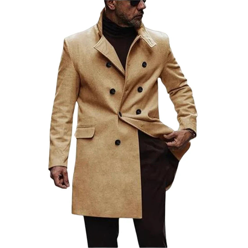 A stylish and warm wool coat for men, featuring a streamlined European-inspired design and practical side pockets.