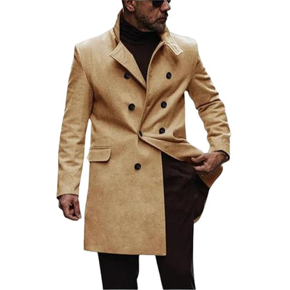 A stylish and warm wool coat for men, featuring a streamlined European-inspired design and practical side pockets.