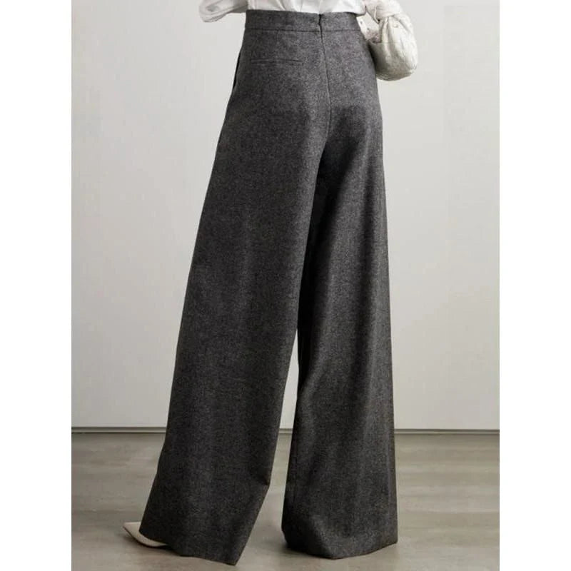 Chic high-waist woollen wide-leg pants with asymmetric details, perfect for the modern Kiwi woman's winter wardrobe