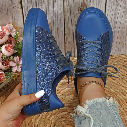 Stylish sequin sneakers for Kiwi women with thick soles and trendy lace-up design, available in various vibrant colours