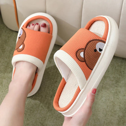 Cozy cartoon bear linen slippers with non-slip soles, perfect for indoor Kiwi comfort