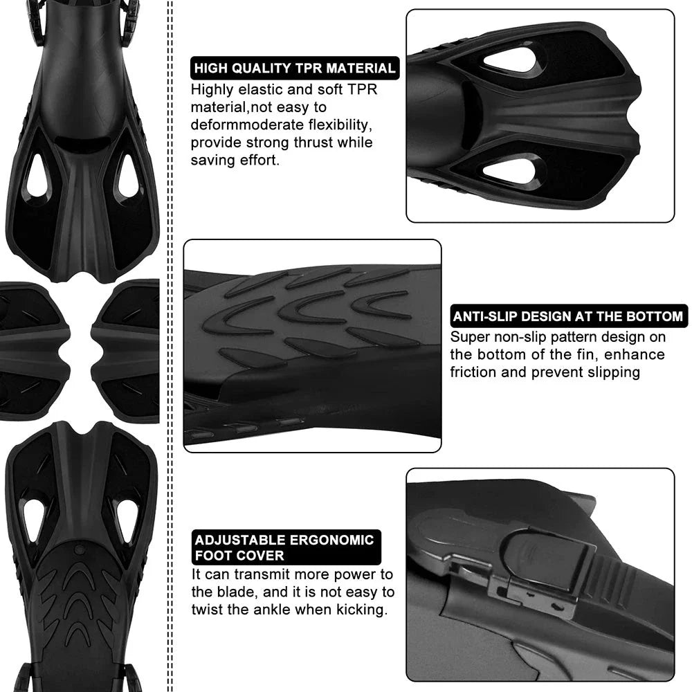 Adjustable Travel Snorkel Fins in different colours, designed for comfort, performance, and versatility in the water.