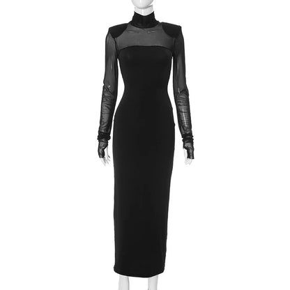 Elegant turtleneck dress with mesh stitching details, slim-fit silhouette, and long sleeves