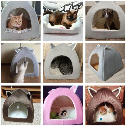 Cosy and foldable cat bed with interactive ball toy, available in a range of stylish colours to match your home decor