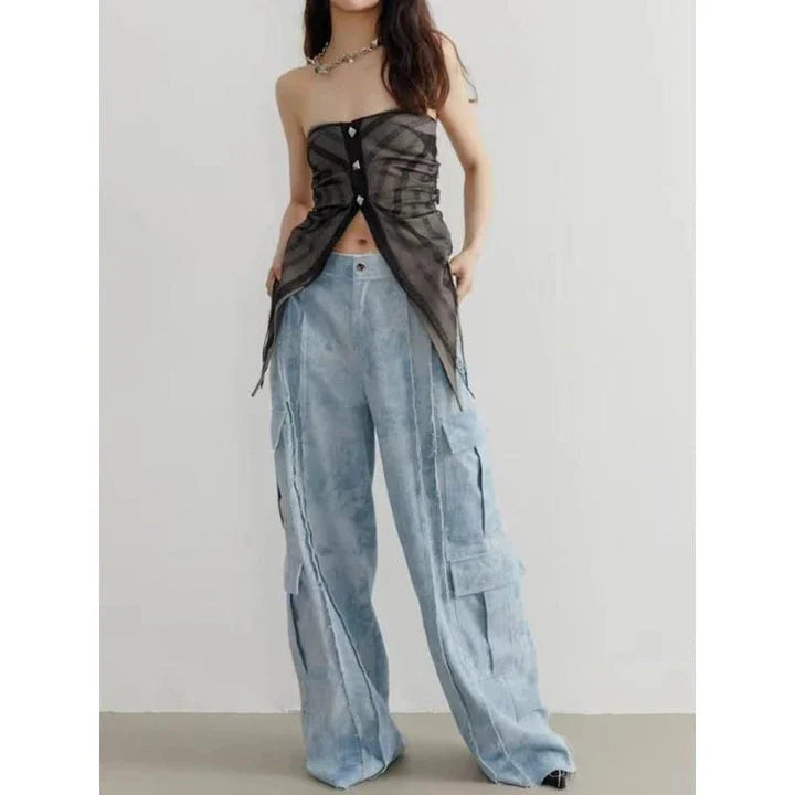 Trendy tie-dye denim pants with high-waist, straight-leg design for fashionable Kiwis