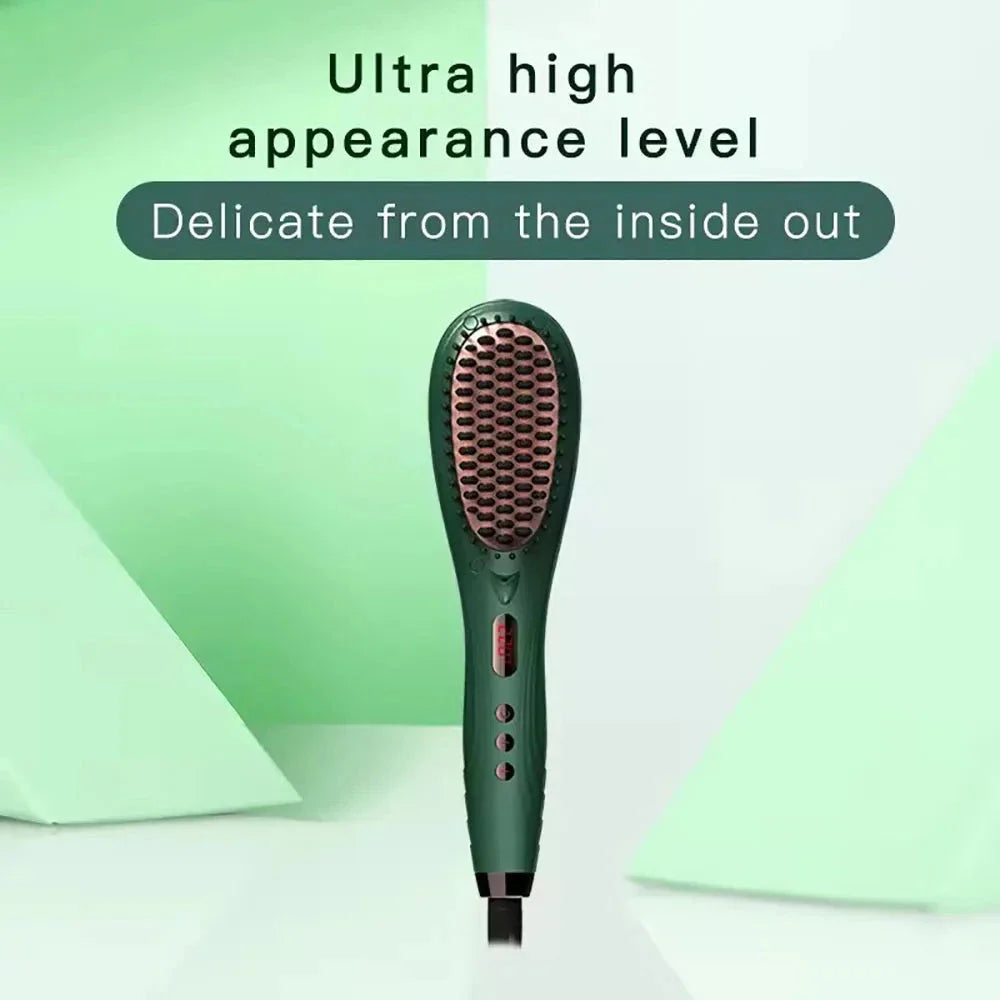 Versatile Electric Hair Straightener & Curler Brush with adjustable temperature settings and anti-scald technology for salon-quality styling at home