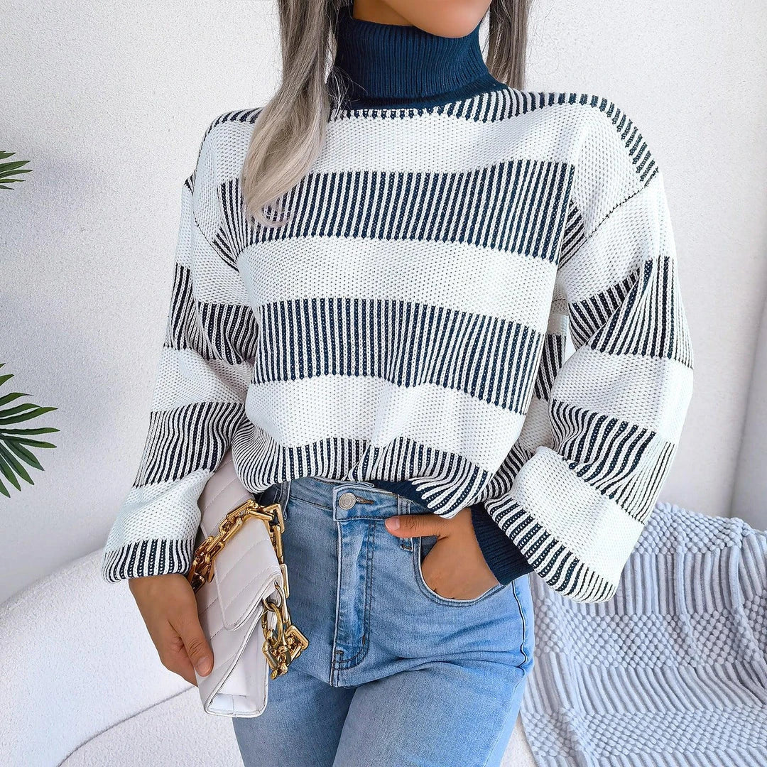 Stylish and Cozy European-Inspired Sweater Jumper with Stripe or Check Pattern, Lantern Sleeves, and High Neck