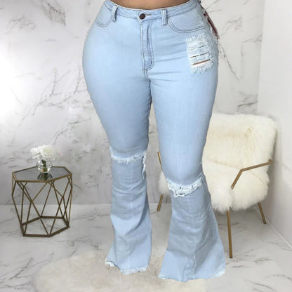 Stylish stretch denim flare jeans in black and light blue colors, featuring a high-waisted, bell-bottom design for a flattering, retro-inspired look.