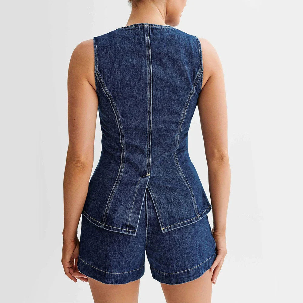 Stylish denim vest and high-waisted shorts set in a contemporary Kiwi-inspired design, perfect for summer fashion