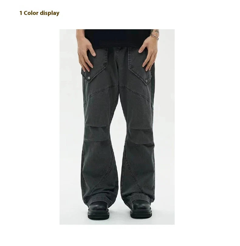 Black washed micro-flared trousers with pleated design and large pockets, perfect for the modern Kiwi lifestyle