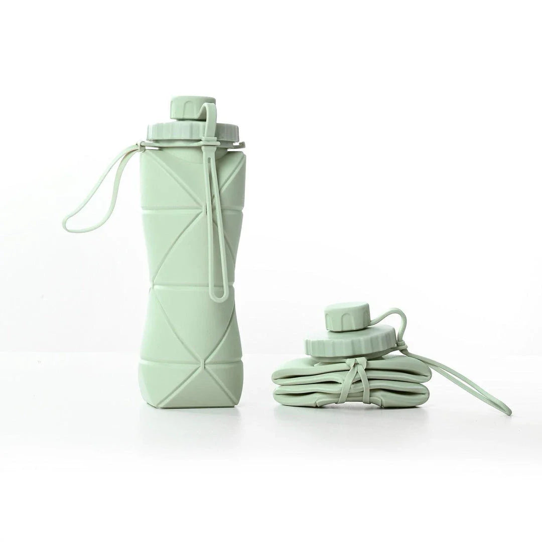 600ml folding silicone water bottle in green, pink, blue, and gray colors for outdoor sports and travel use