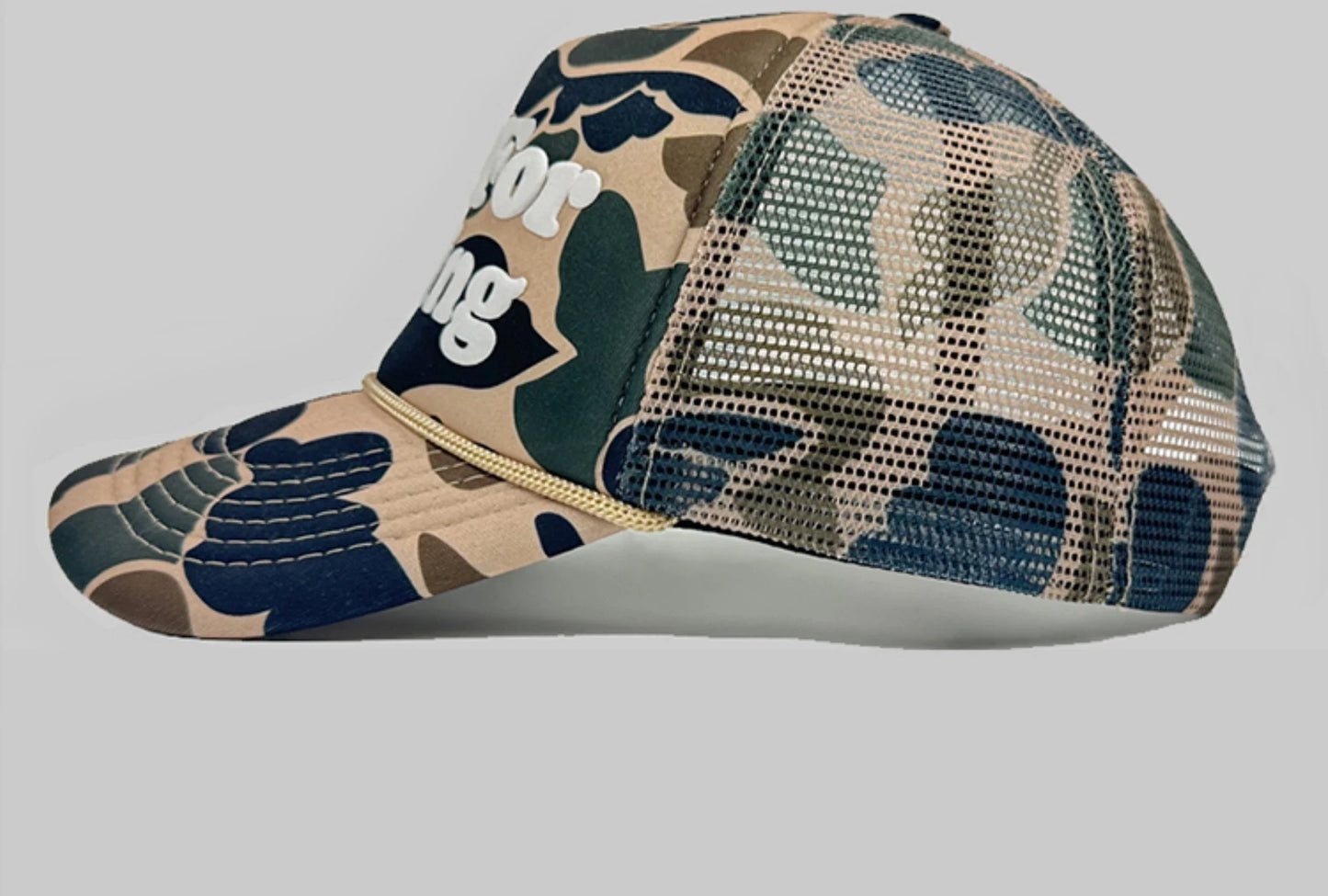 A premium cotton-poly camouflage hat with an adjustable strap for a comfortable, customized fit.