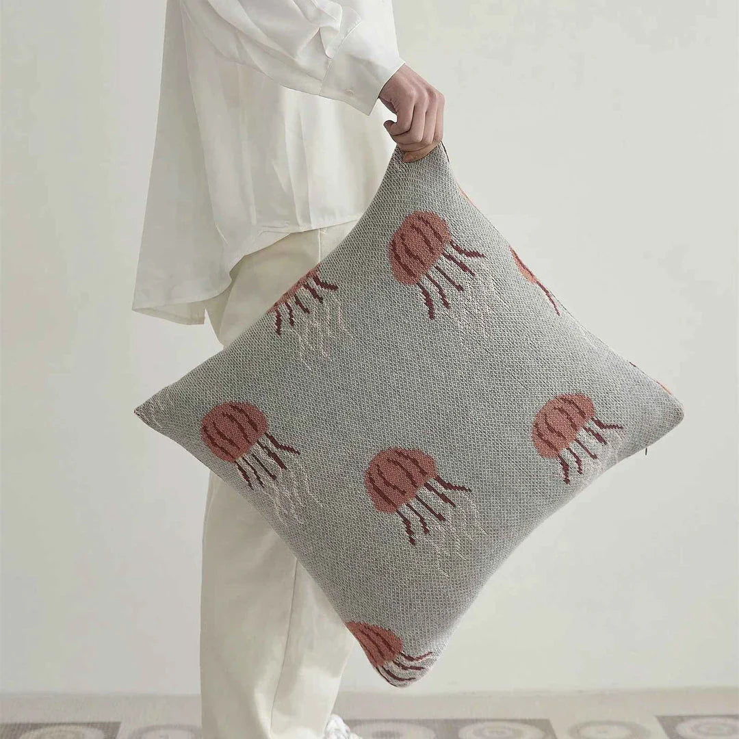 Elegant jellyfish-patterned knit cotton cushion cover in gray and green colours