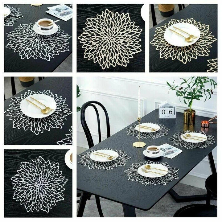 Flower-shaped PVC placemat in gold color, adding natural beauty and elegance to a dining table setting.