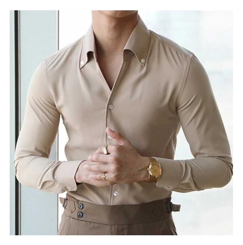 A stylish and versatile Italian-collared shirt for young New Zealand men, made from high-quality polyester fabric.