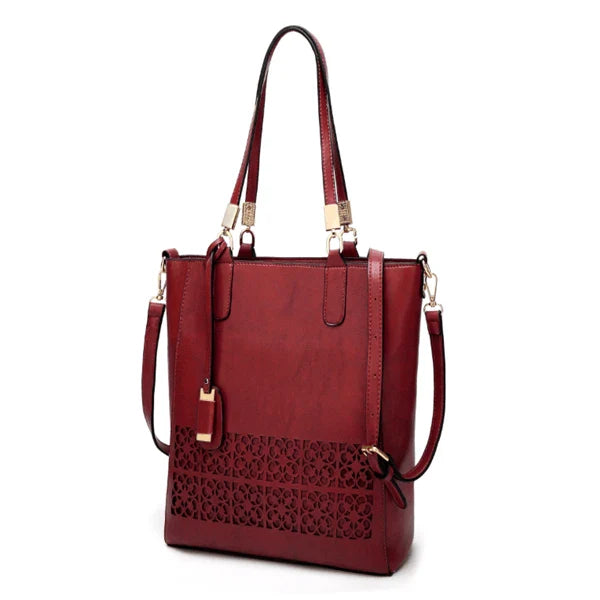 Stylish hollow handbag with adjustable straps, multiple interior pockets, and a durable PU leather construction