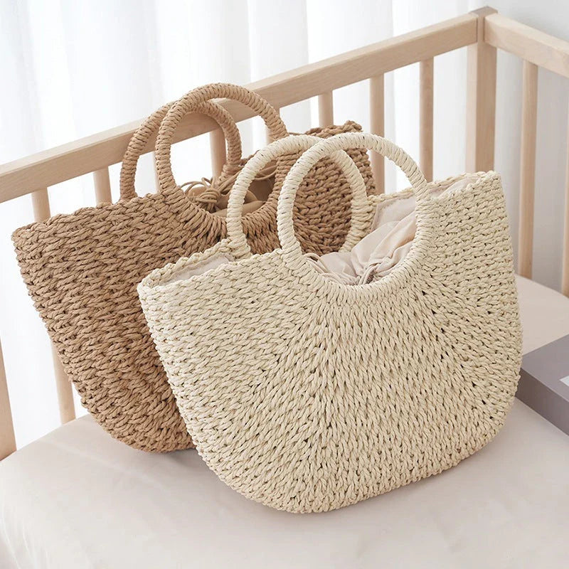 Premium handcrafted bohemian-style straw tote bag in beige color, perfect for Kiwi summer adventures