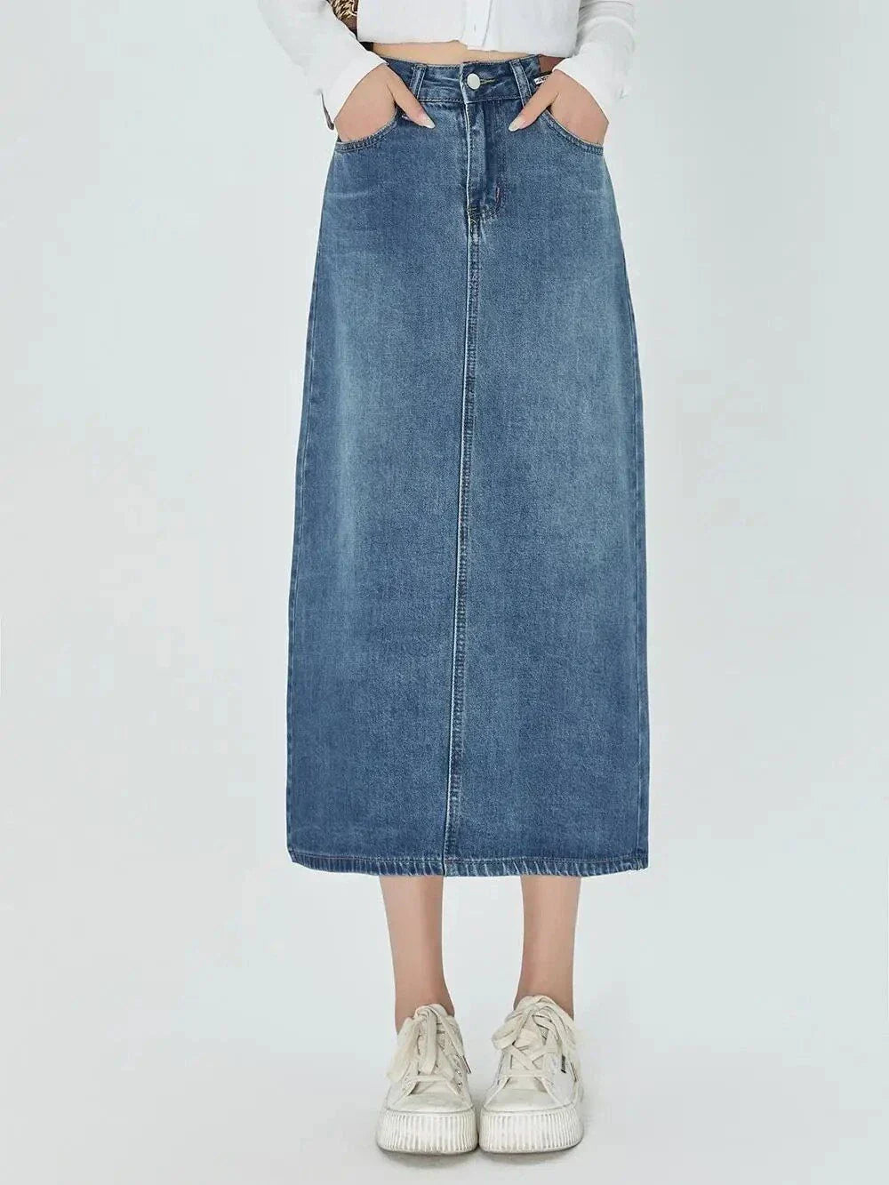 Classic Blue A-Line Midi Denim Skirt with premium denim blend and flattering A-line silhouette