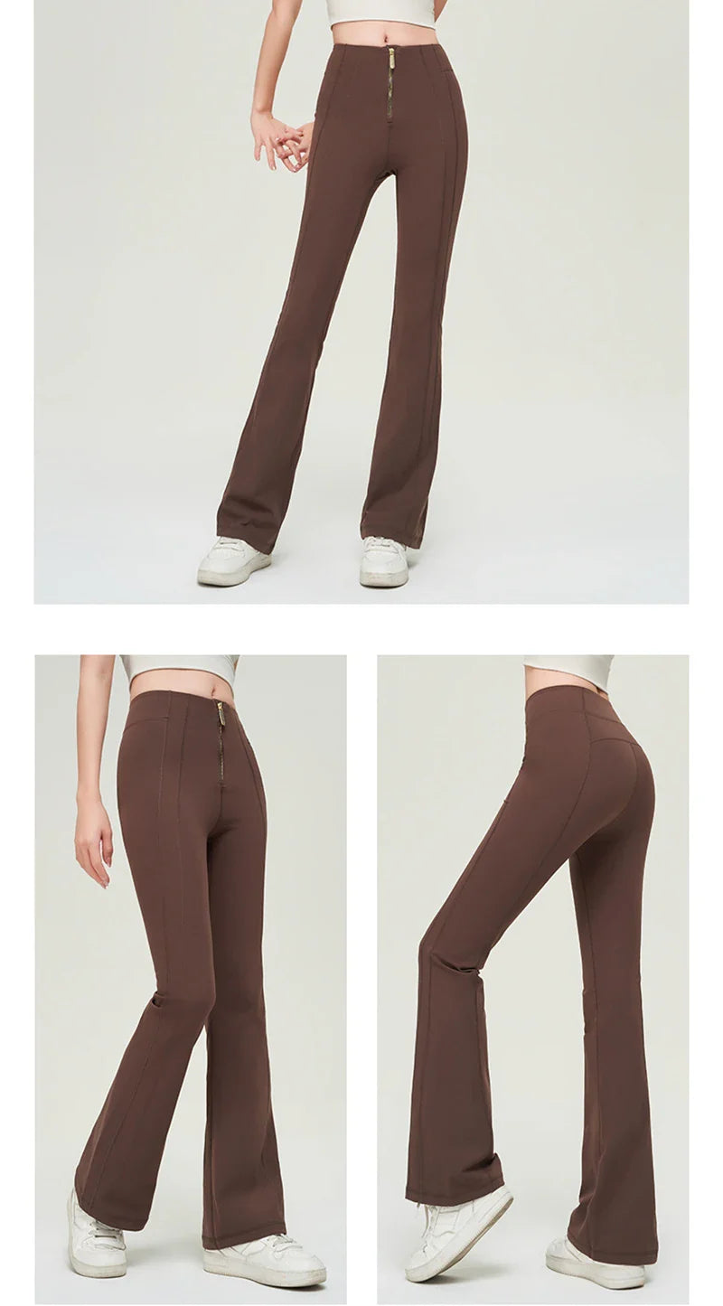 Premium nylon bell-bottom trousers with slimming high-waist design, perfect for Kiwi women's fitness and everyday style.