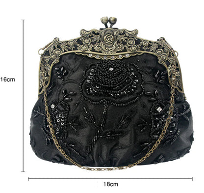 Bead embroidered fashion bag with silk surface, nylon exterior, and magnetic buckle closure