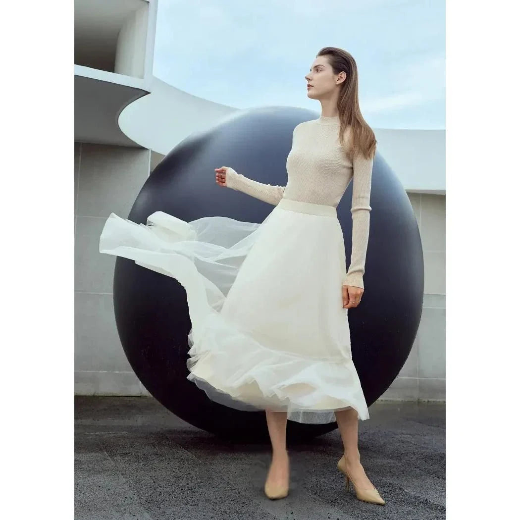 Elegant Fairy Gauze A-Line Skirt in Orange Beige and White, featuring a classic A-line silhouette and ankle-length design