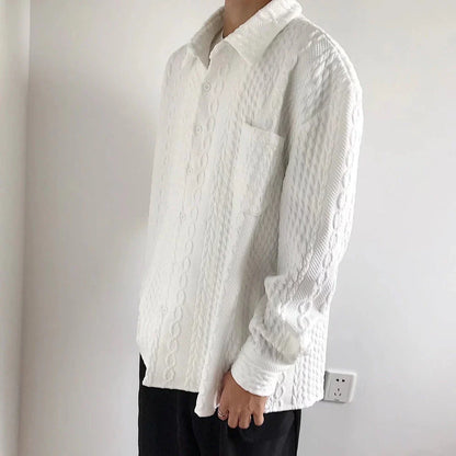 A relaxed-fit, long-sleeve men's shirt featuring a stylish Japanese-inspired hemp pattern in a versatile white color