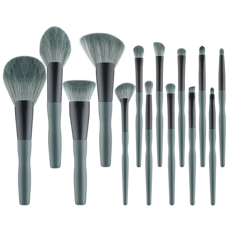 14 piece makeup brush set with banana-themed carry cases, crafted with corrugated silk nylon bristles and wooden handles