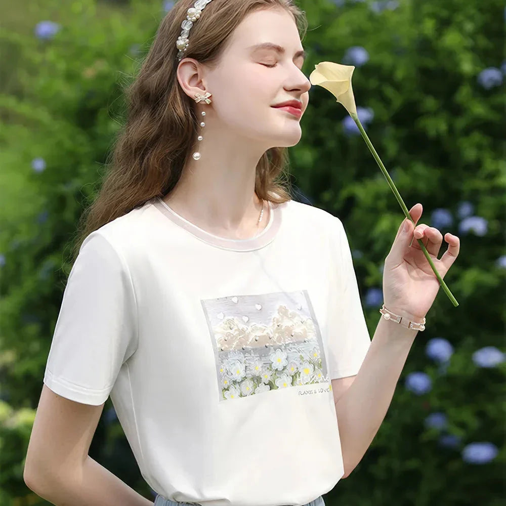 Cool Cotton Oil Graphic T-shirt for Women in White, featuring a unique natural scenery pattern with artistic elements