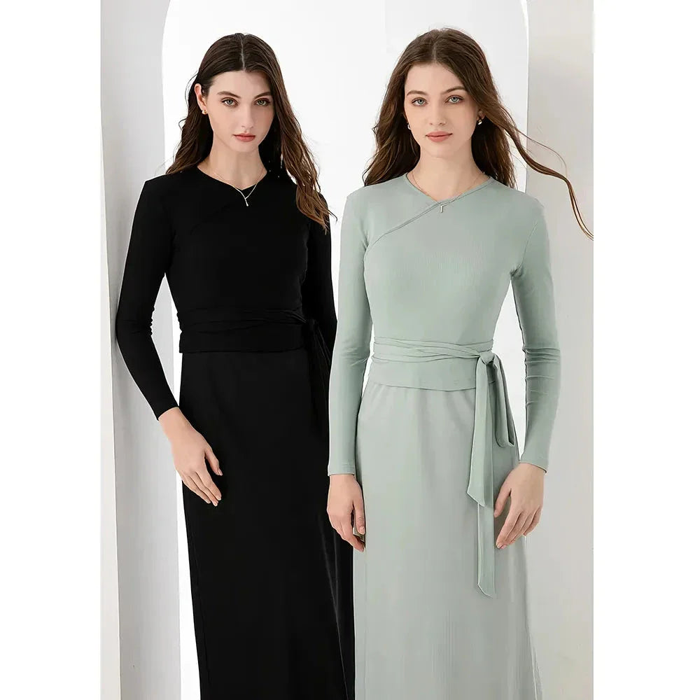 Elegant high-stretch ribbed wrap top and matte satin maxi dress set in a range of colours