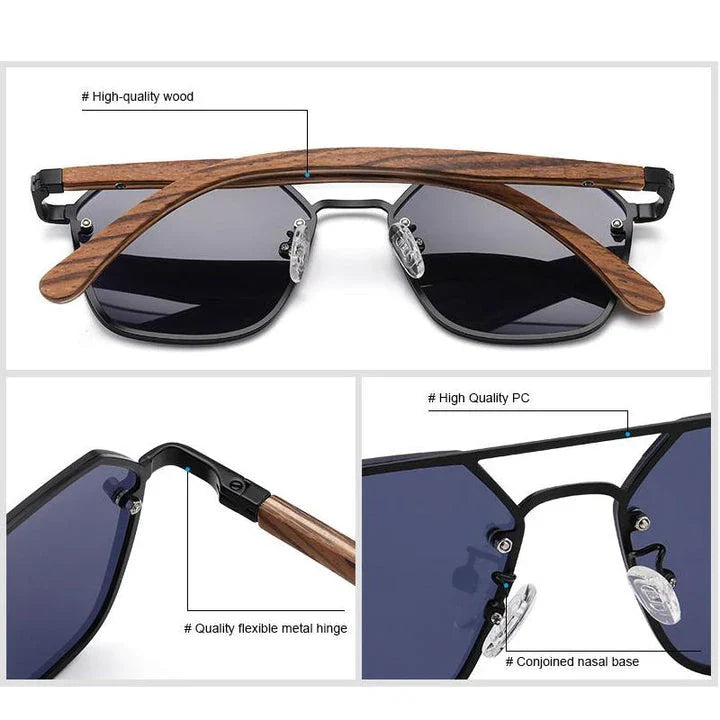 Polarized wood frame sunglasses with stainless steel and natural wood accents, providing UV400 protection and glare reduction for Kiwi outdoor enthusiasts
