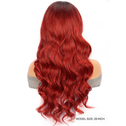 Crimson Wave Long Curly Hair Head Cover - A luxurious silk accessory with long, flowing curls and stylish oblique bangs that elevates any outfit.