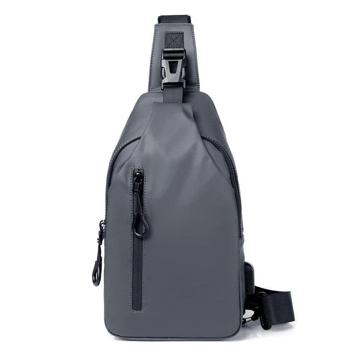 Eco-friendly sling backpack in blue, black, and grey colours with adjustable strap for hands-free wear