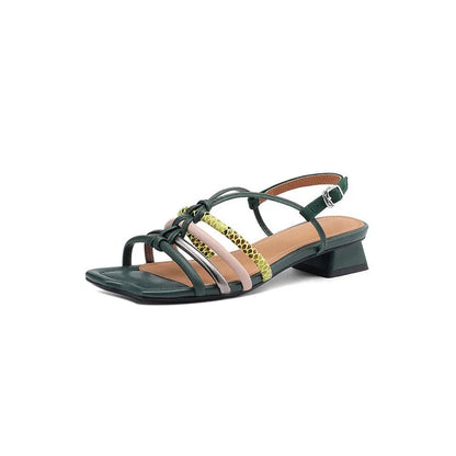 Vibrant Roman-inspired sandals with chunky heel, showcasing a stylish and comfortable summer footwear option