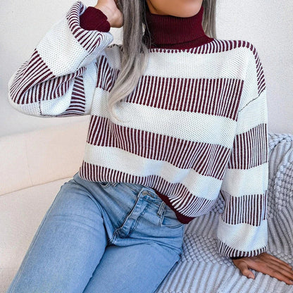 Stylish and Cozy European-Inspired Sweater Jumper with Stripe or Check Pattern, Lantern Sleeves, and High Neck