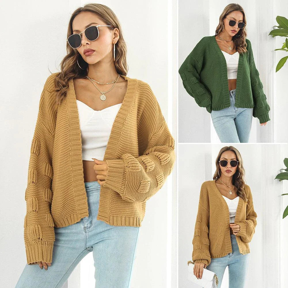 Stylish puff sleeve cardigan in army green and wheat yellow, made from soft, cosy acrylic knit material