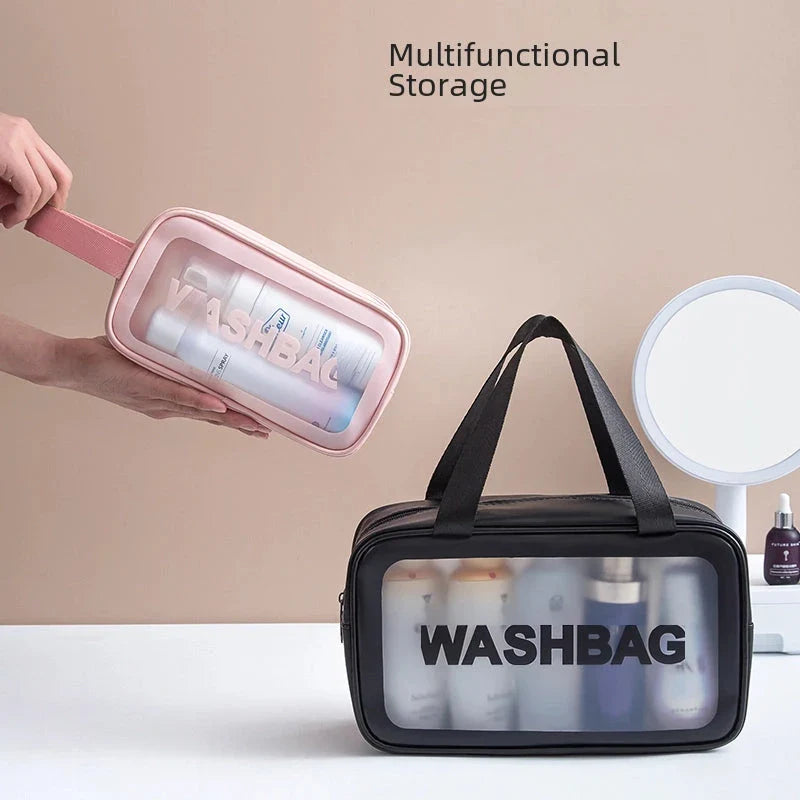 Spacious and waterproof travel makeup bag with transparent panels for easy visibility and organisation of cosmetics and toiletries