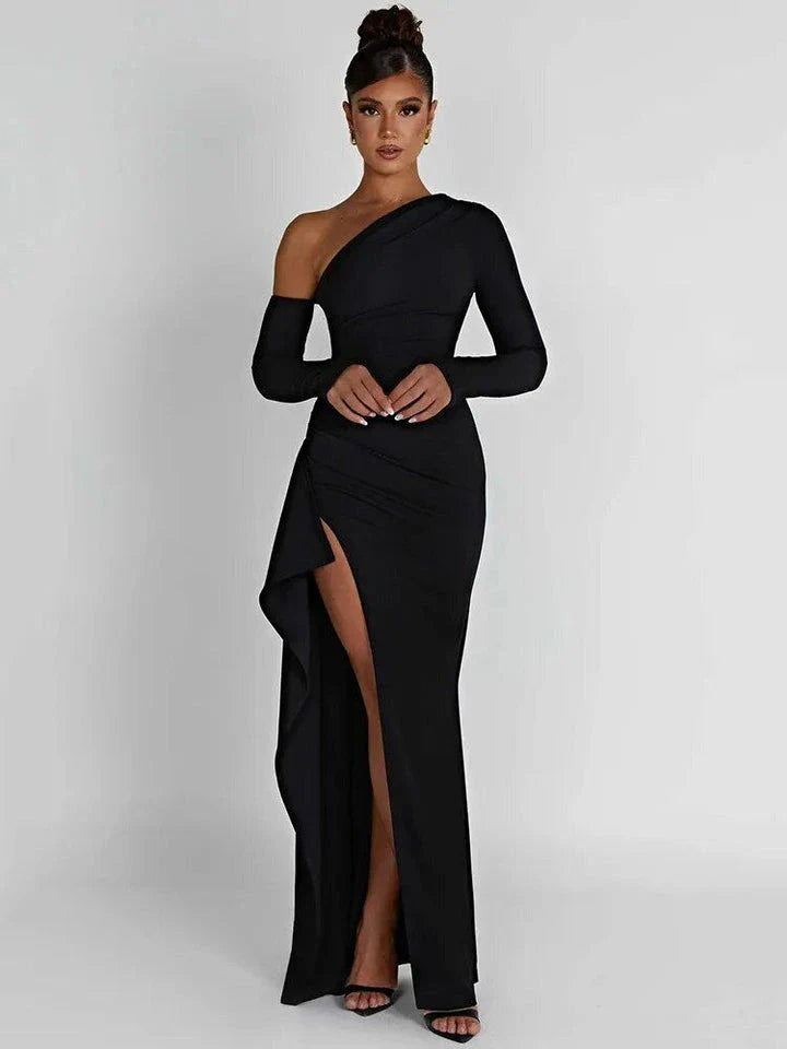 Elegant thigh-high split maxi dress with oblique shoulder design for sophisticated evening events