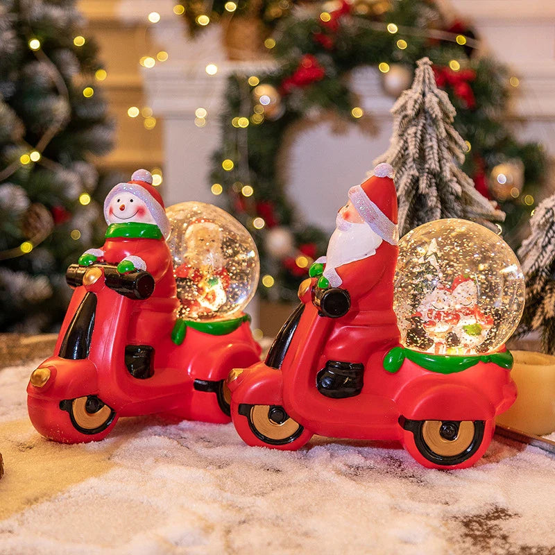 Festive music box Christmas decorations with motorcycle and snowman designs, perfect for adding Kiwiana charm to your holiday decor